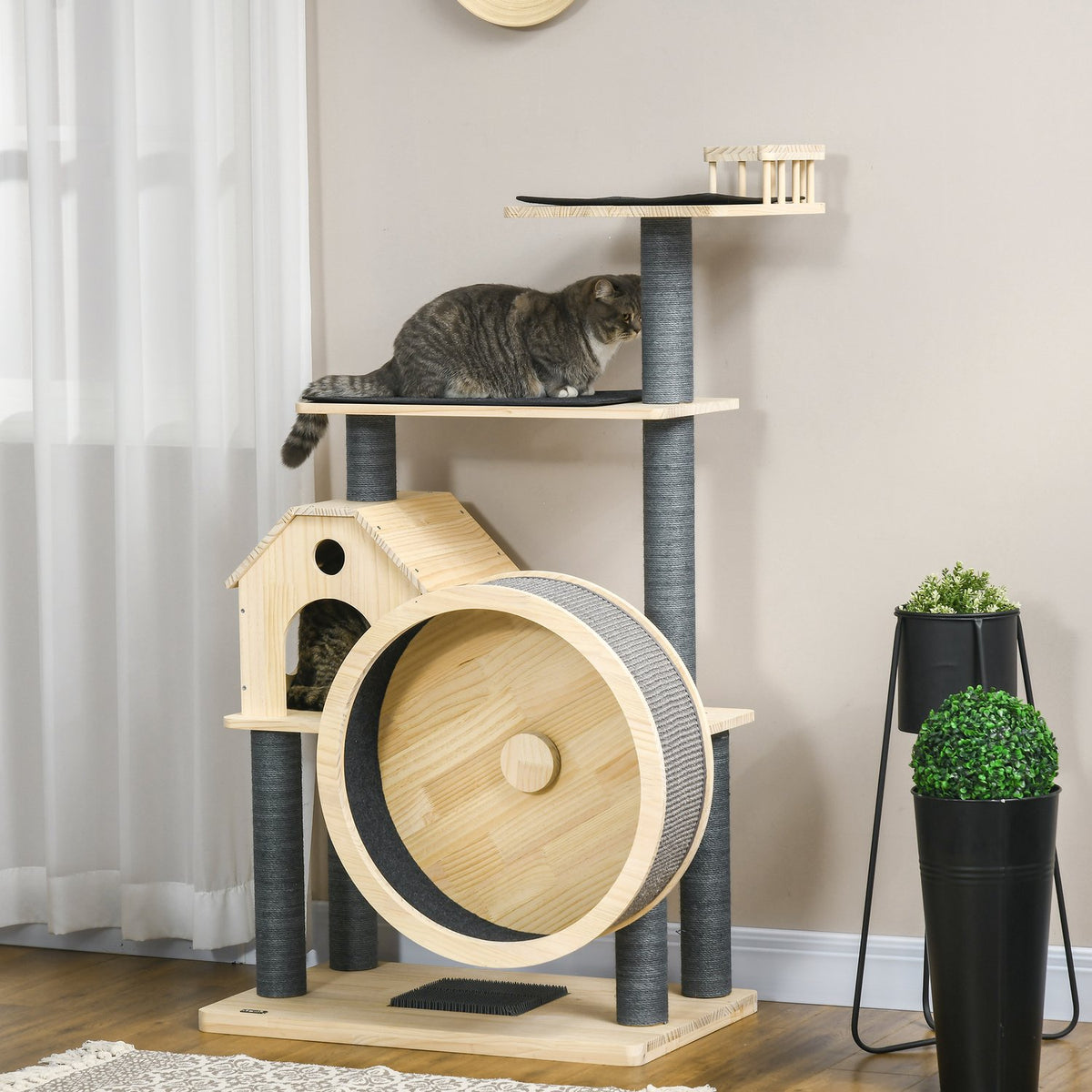 Cat Scratching Post House With Balance Wheel, 4 Tier, Sisal Columns, Cat Cave Made Of Pine Wood, Natural, 80X50X143Cm