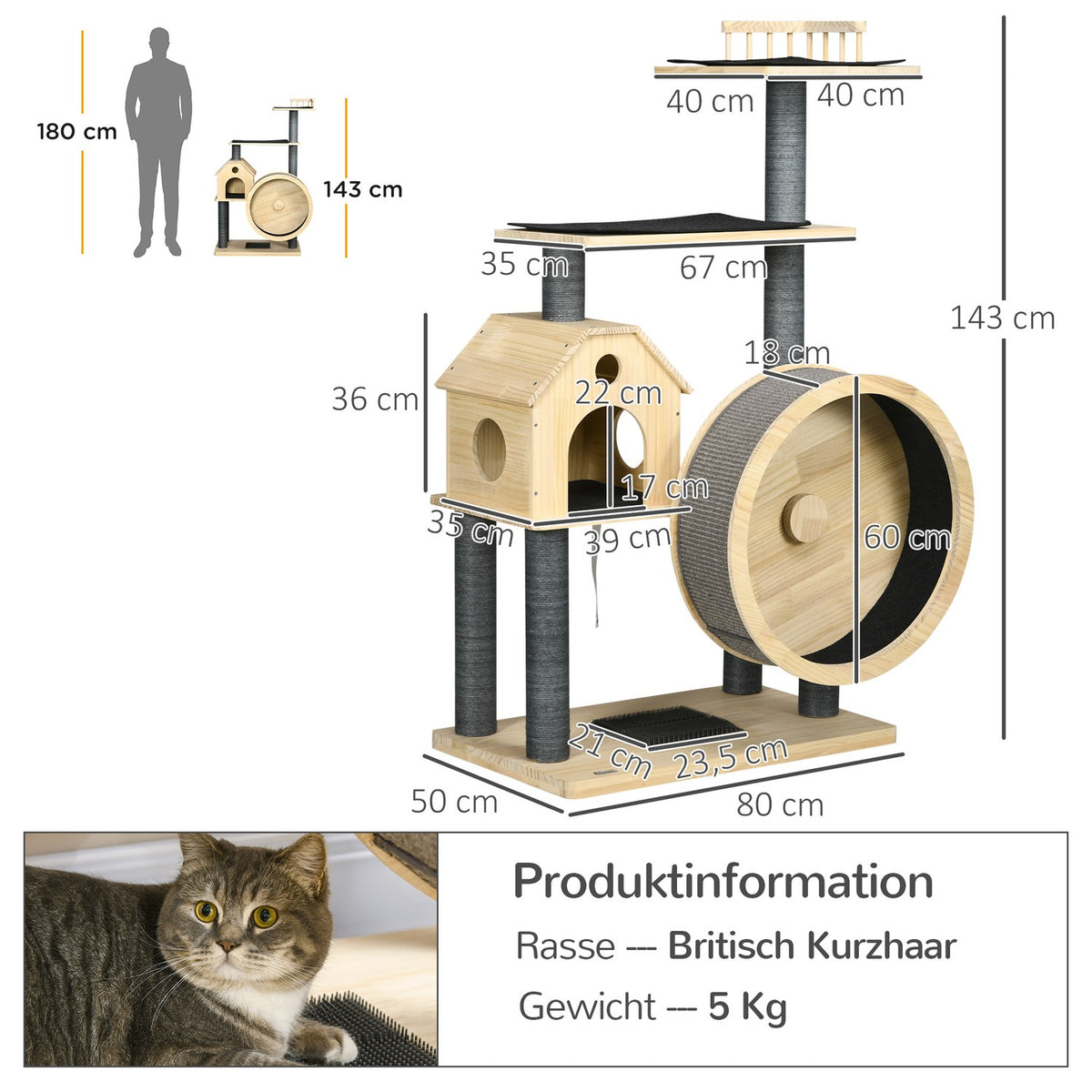 Cat Scratching Post House With Balance Wheel, 4 Tier, Sisal Columns, Cat Cave Made Of Pine Wood, Natural, 80X50X143Cm