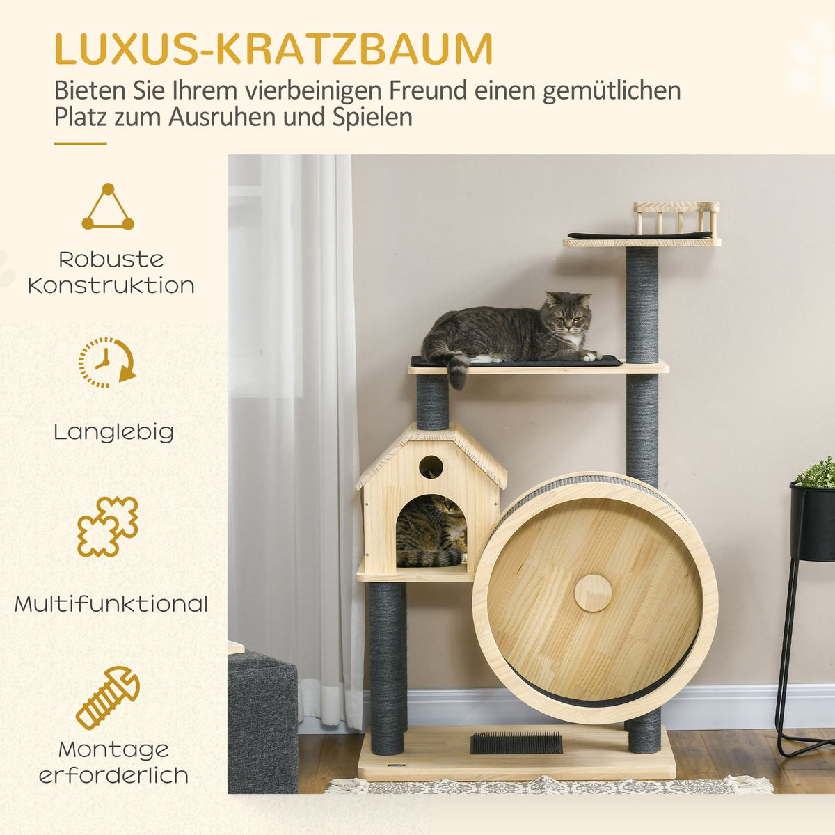 Cat Scratching Post House With Balance Wheel, 4 Tier, Sisal Columns, Cat Cave Made Of Pine Wood, Natural, 80X50X143Cm