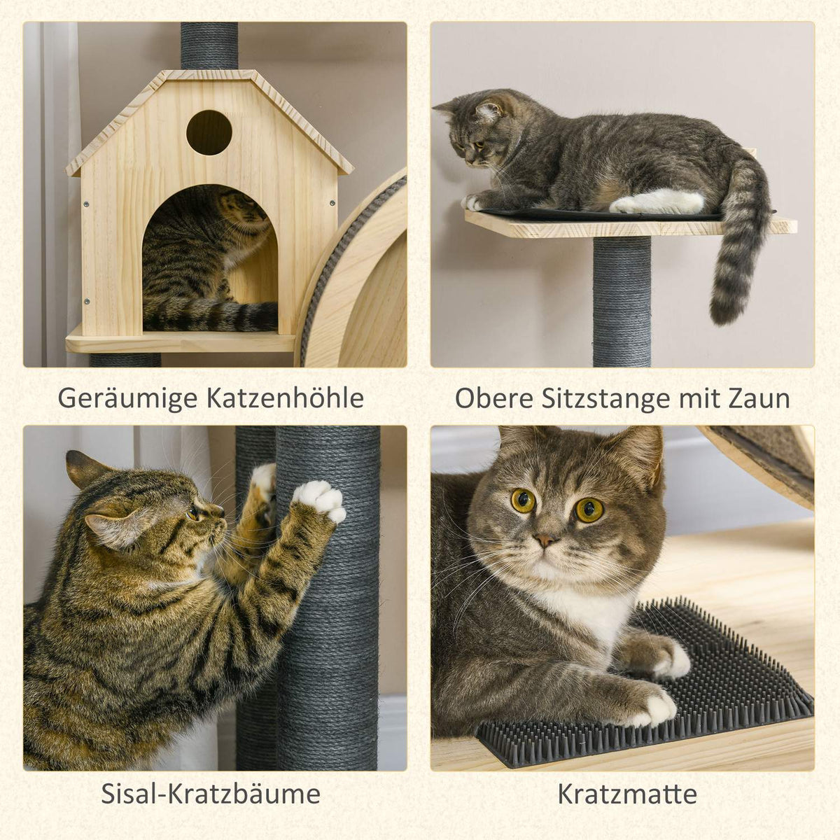 Cat Scratching Post House With Balance Wheel, 4 Tier, Sisal Columns, Cat Cave Made Of Pine Wood, Natural, 80X50X143Cm