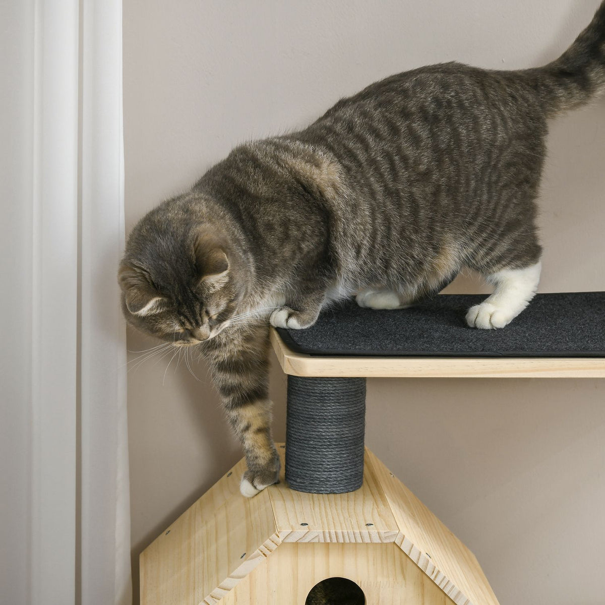 Cat Scratching Post House With Balance Wheel, 4 Tier, Sisal Columns, Cat Cave Made Of Pine Wood, Natural, 80X50X143Cm
