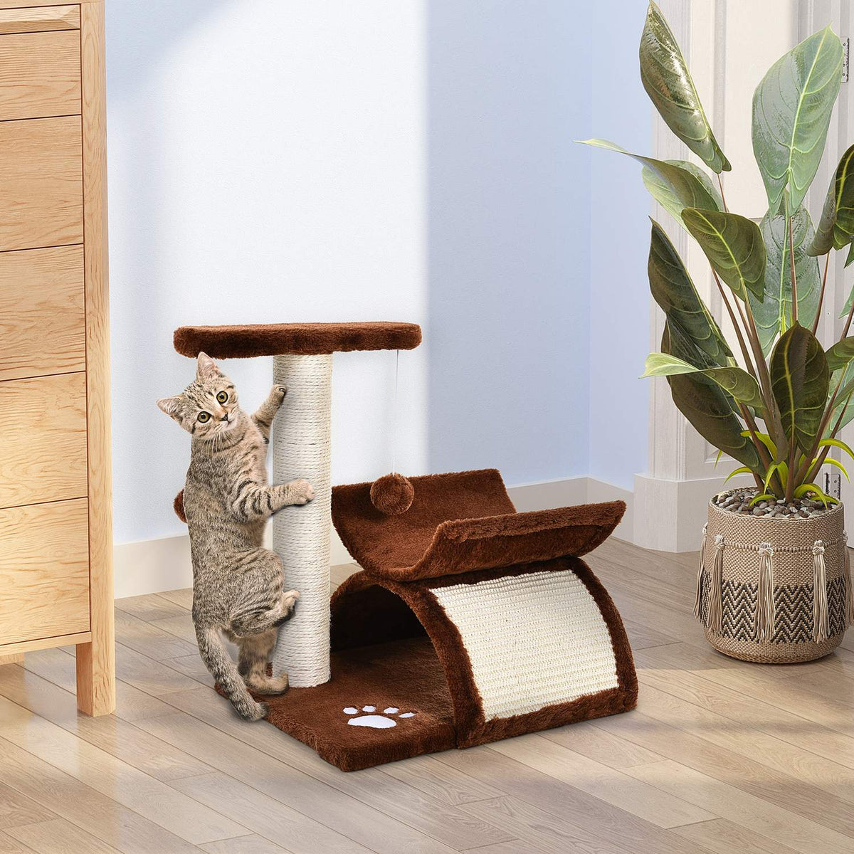 Cat Scratching Post, Play And Scratching Post With Play Ball, Brown, L40Xw30Xh43 Cm