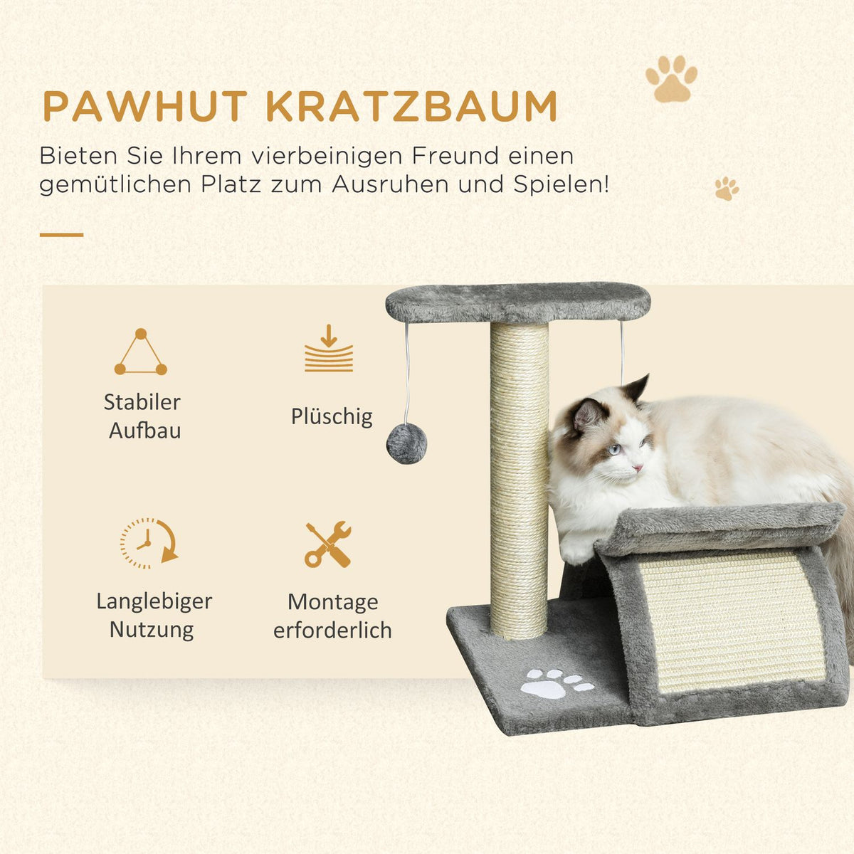 Cat Scratching Post, Play And Scratching Post With Play Ball, Light Grey, L40Xw30Xh43 Cm