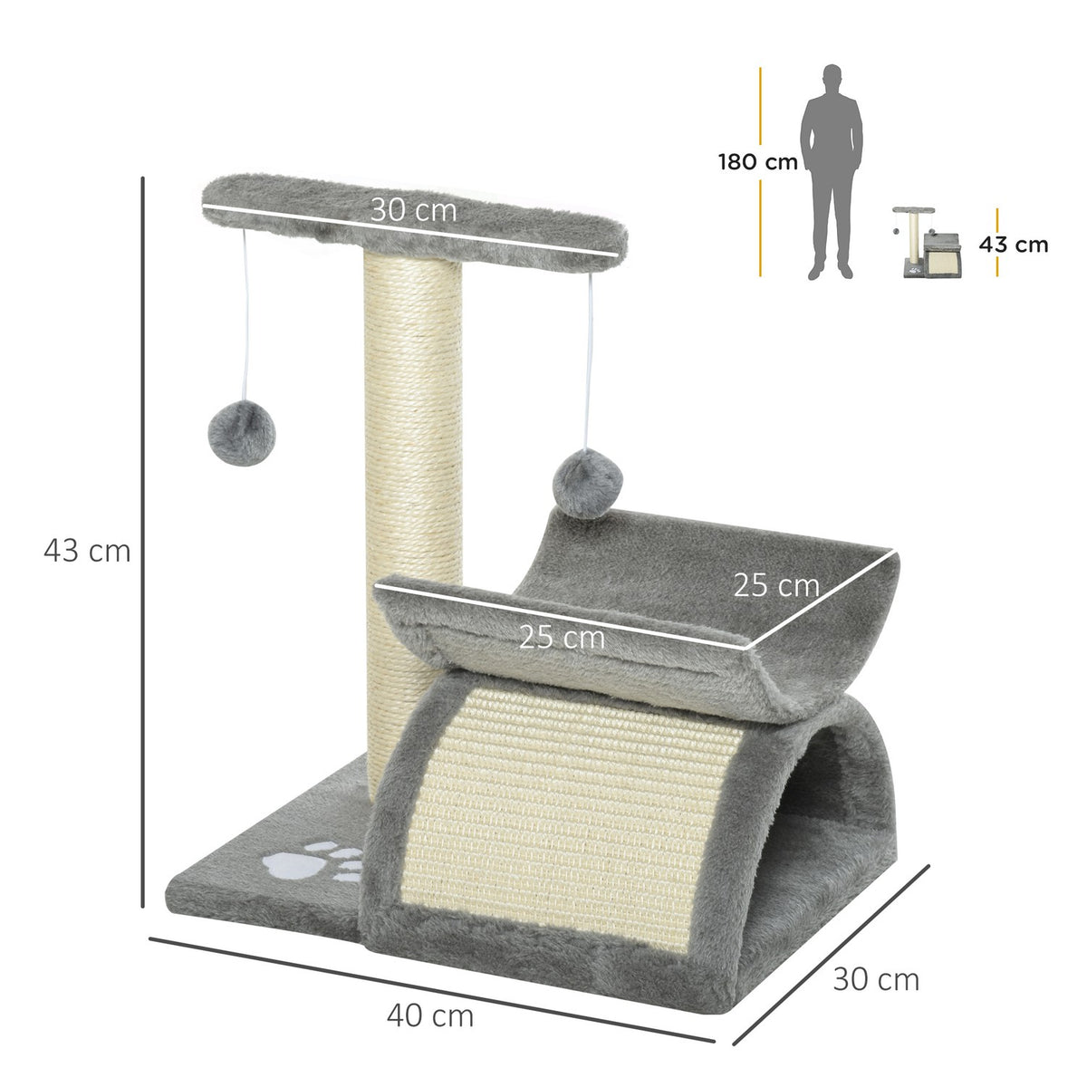 Cat Scratching Post, Play And Scratching Post With Play Ball, Light Grey, L40Xw30Xh43 Cm