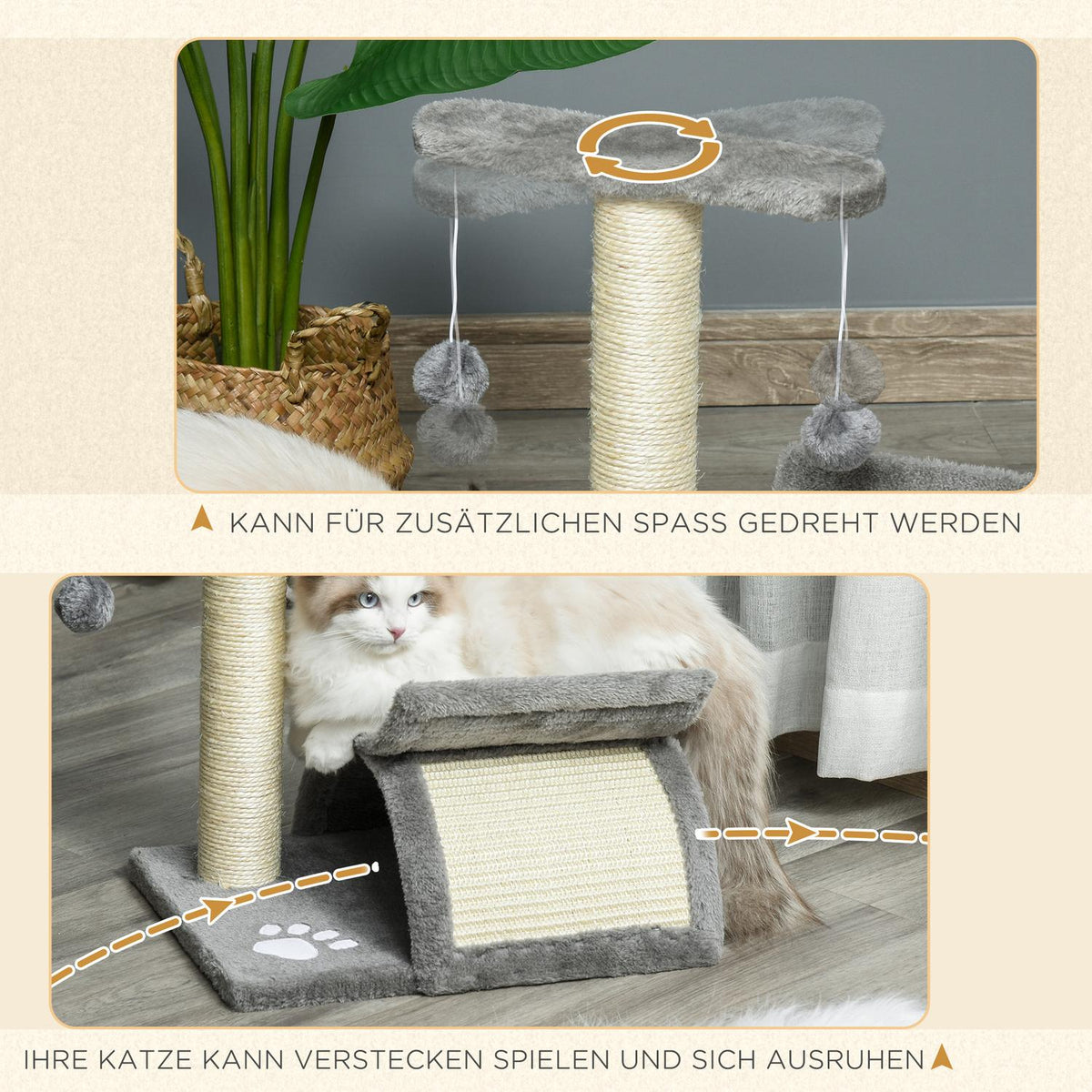 Cat Scratching Post, Play And Scratching Post With Play Ball, Light Grey, L40Xw30Xh43 Cm