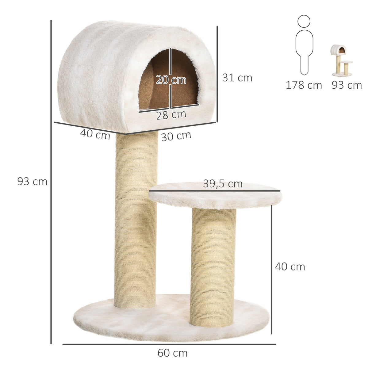 Cat Scratching Post Play & Climbing Tree For Cats, Sisal Posts, Velvety Polyester, With Play Ball, 60X60X93Cm, Polyester Sisal