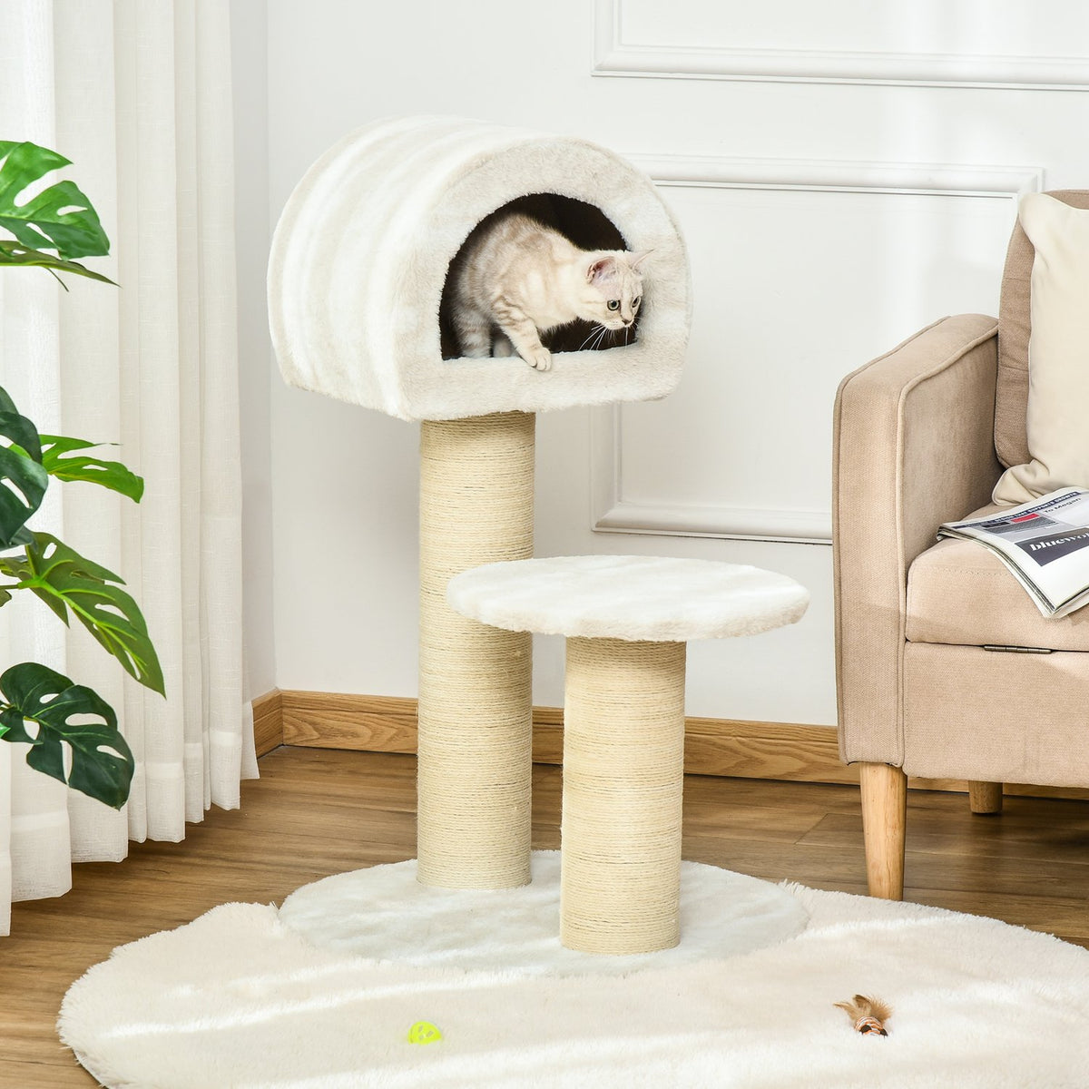 Cat Scratching Post Play & Climbing Tree For Cats, Sisal Posts, Velvety Polyester, With Play Ball, 60X60X93Cm, Polyester Sisal