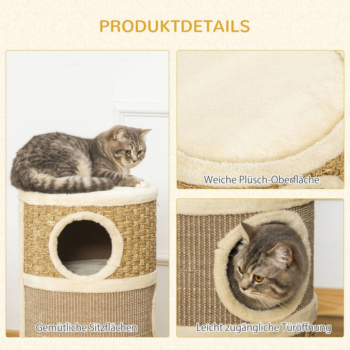 Cat Scratching Post, Scratching Barrel, 3 Levels, Sisal Plush, 37.5X37.5X70Cm