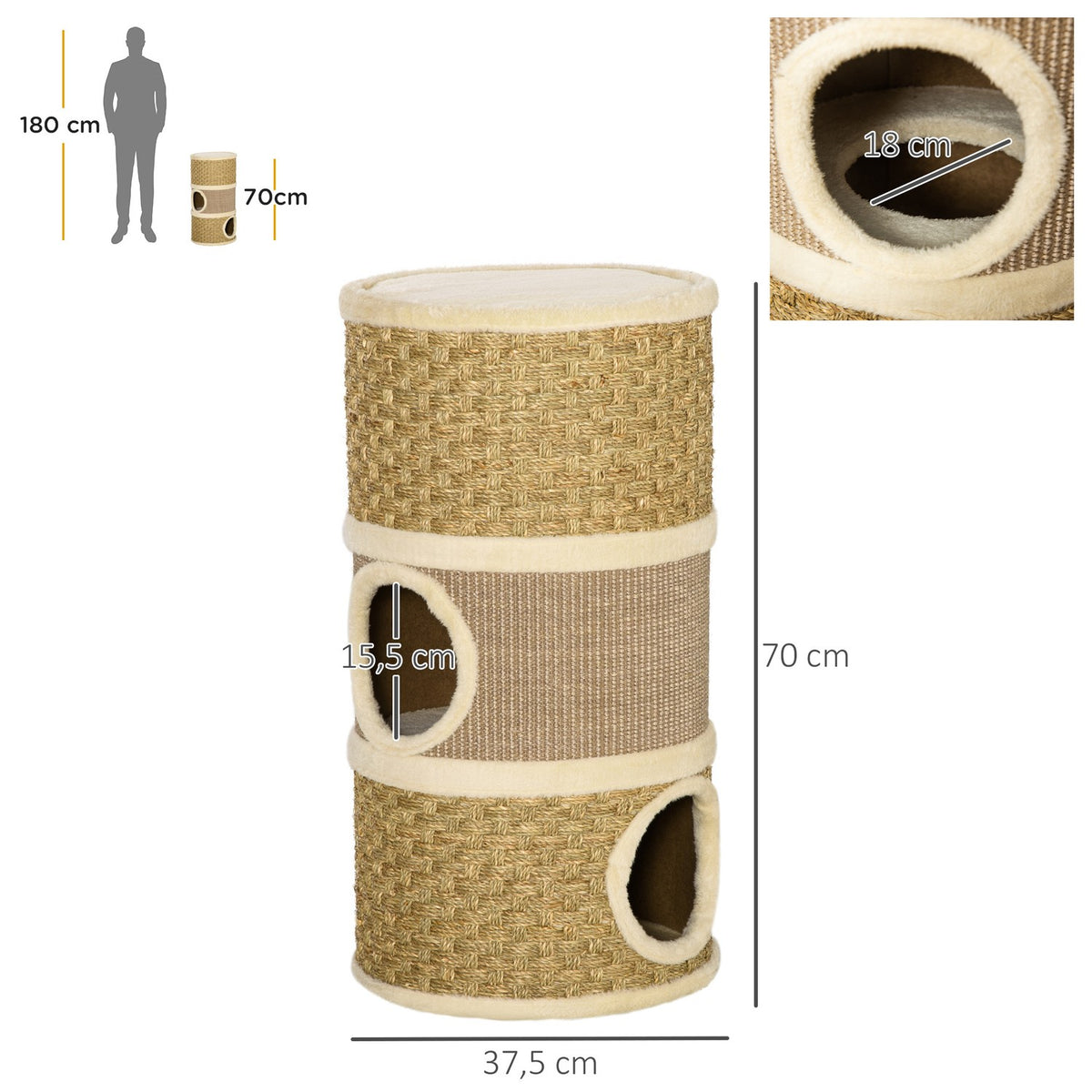 Cat Scratching Post, Scratching Barrel, 3 Levels, Sisal Plush, 37.5X37.5X70Cm