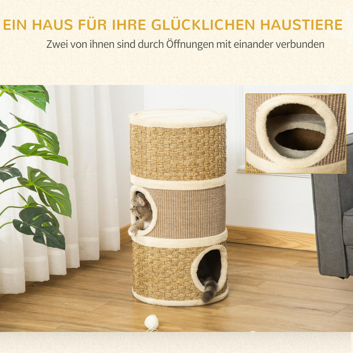 Cat Scratching Post, Scratching Barrel, 3 Levels, Sisal Plush, 37.5X37.5X70Cm