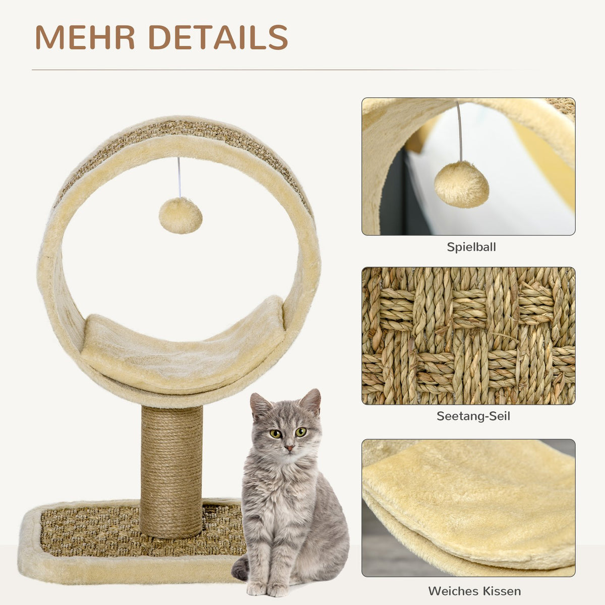Cat Scratching Post Small Ideal For A Cat, With Jute Trunk & Toys, Climbing Tree, Khaki+Light Brown, 40X30X56Cm