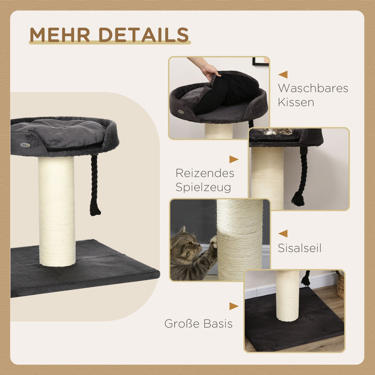 Cat Scratching Post With Bed And Sisal Column, 78Cm, Play Rope, In Gray, Ideal For Play And Rest