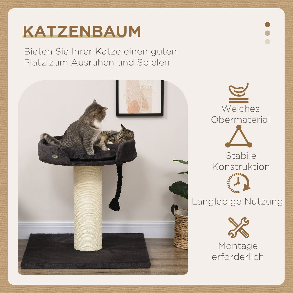 Cat Scratching Post With Bed And Sisal Column, 78Cm, Play Rope, In Gray, Ideal For Play And Rest