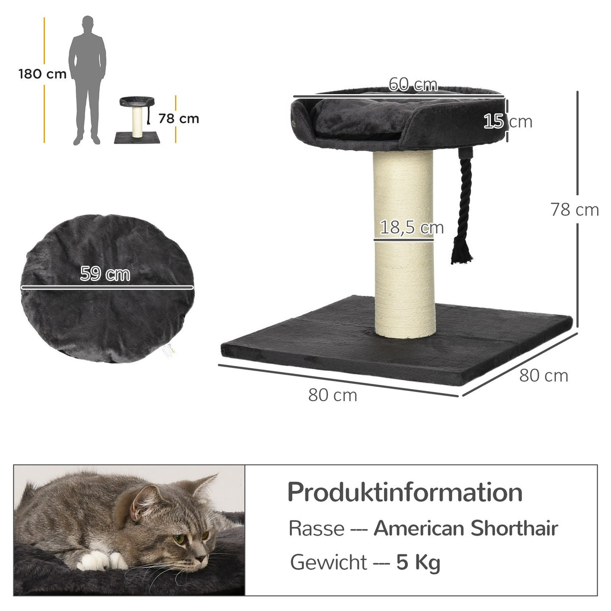 Cat Scratching Post With Bed And Sisal Column, 78Cm, Play Rope, In Gray, Ideal For Play And Rest