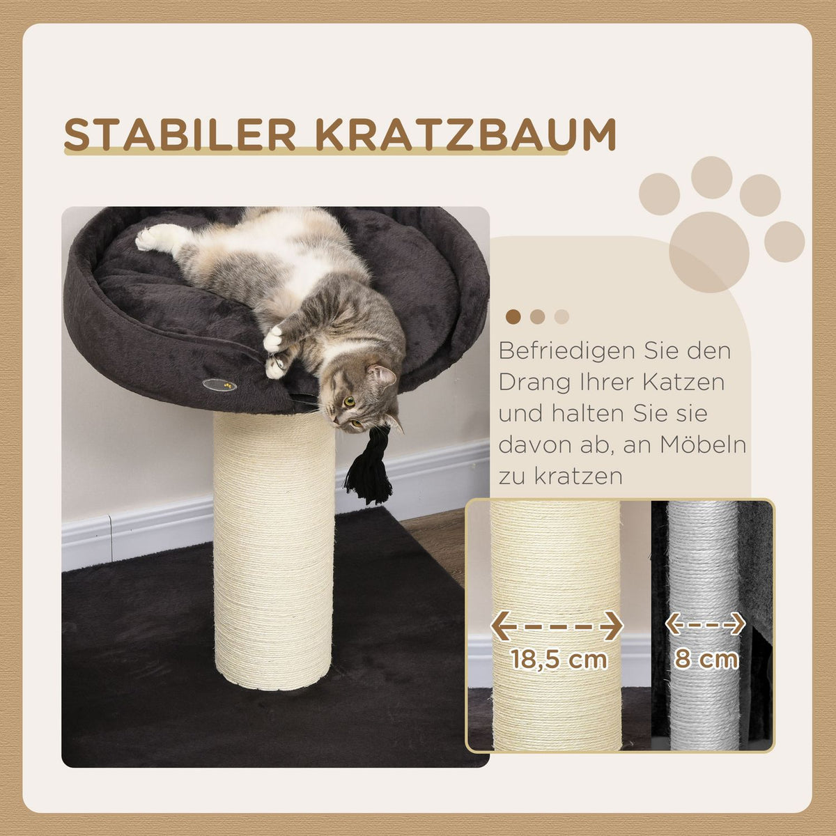 Cat Scratching Post With Bed And Sisal Column, 78Cm, Play Rope, In Gray, Ideal For Play And Rest