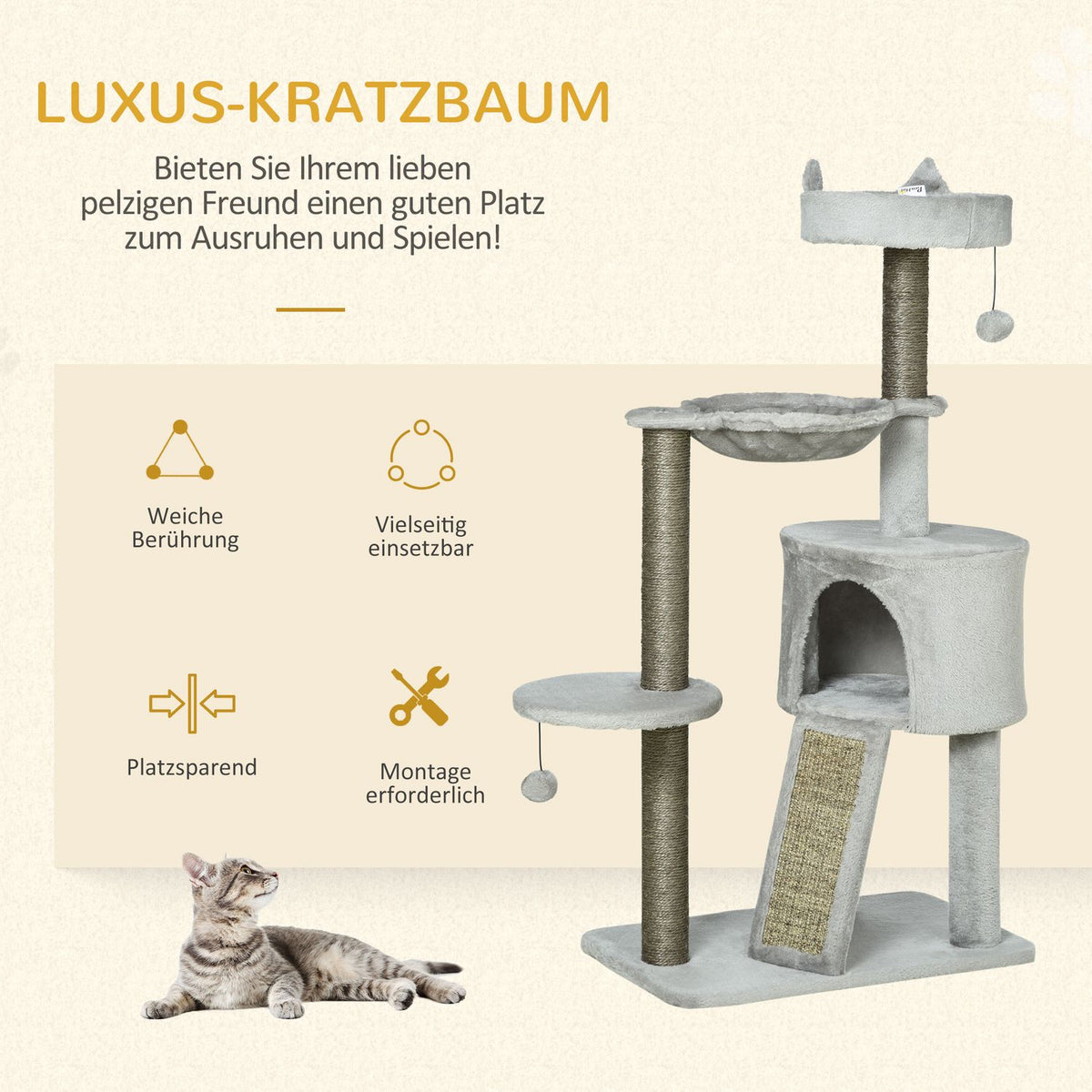 Cat Scratching Post With Cat Cave & Sisal Column, Play Tree With Ramp, Cat Toy, Light Grey, 113 Cm