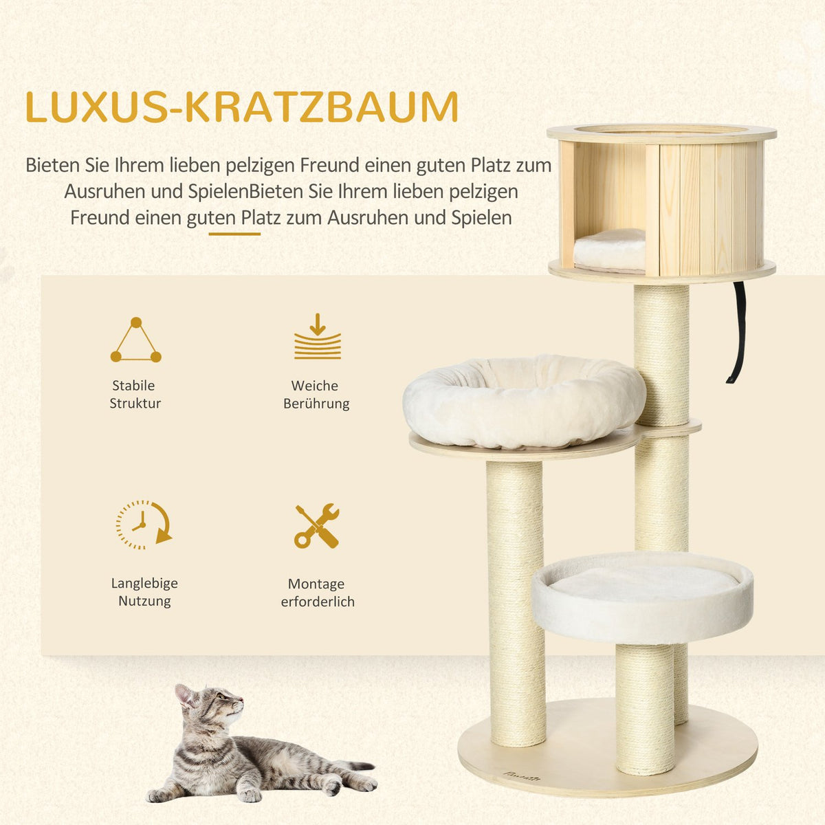 Cat Scratching Post With Cat Cave, Three Levels, Wood, Sisal Posts, Play Balls, 122Cm Height