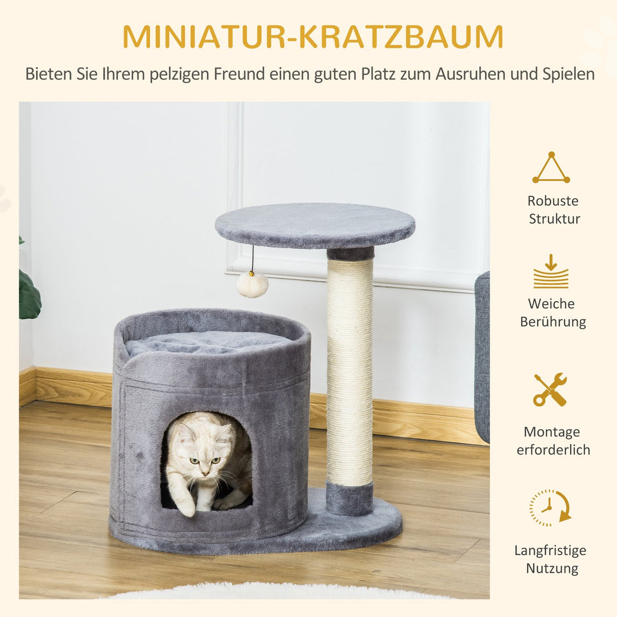 Cat Scratching Post With Cat Cave & Toy Ball, Sisal Rope Scratching Poles, Gray, 55X36X59Cm