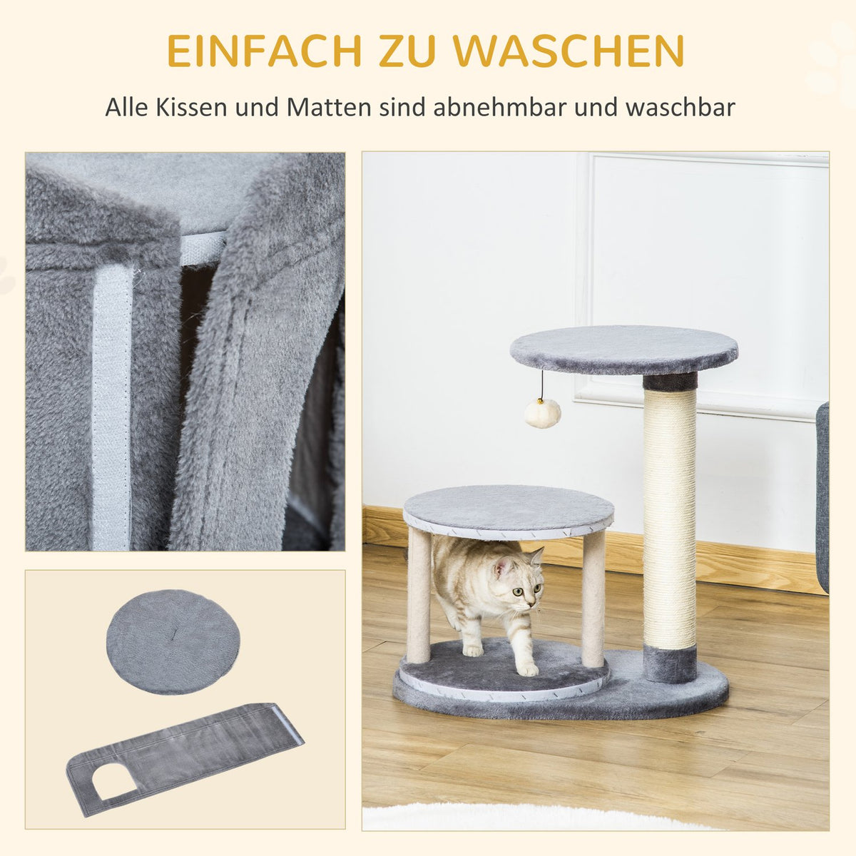 Cat Scratching Post With Cat Cave & Toy Ball, Sisal Rope Scratching Poles, Gray, 55X36X59Cm
