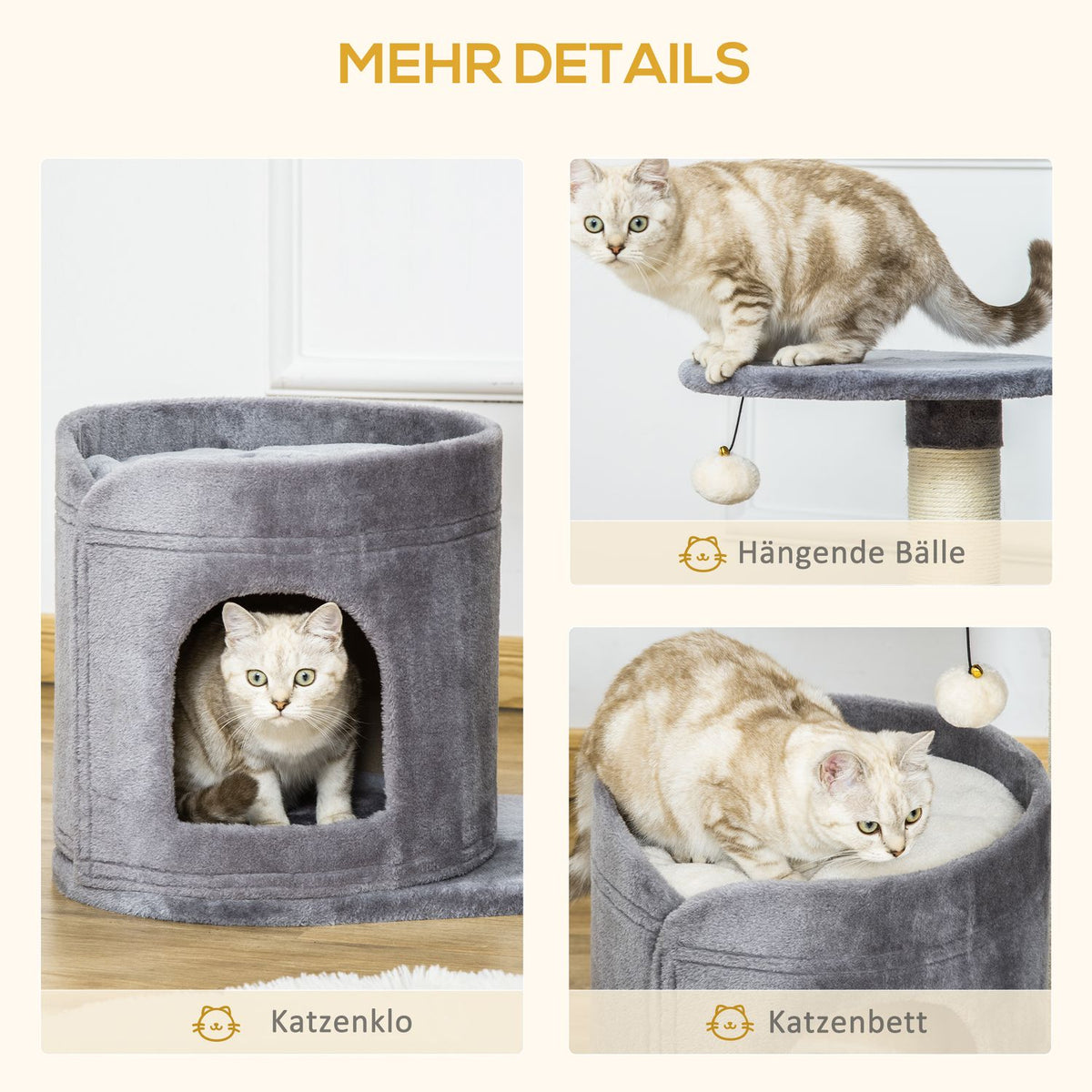 Cat Scratching Post With Cat Cave & Toy Ball, Sisal Rope Scratching Poles, Gray, 55X36X59Cm
