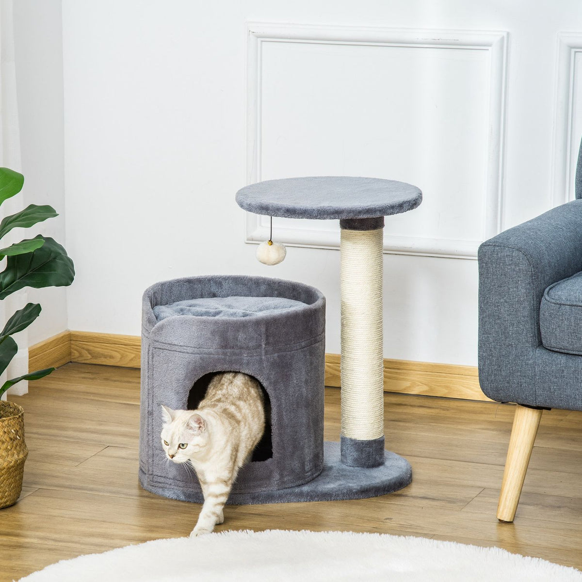 Cat Scratching Post With Cat Cave & Toy Ball, Sisal Rope Scratching Poles, Gray, 55X36X59Cm