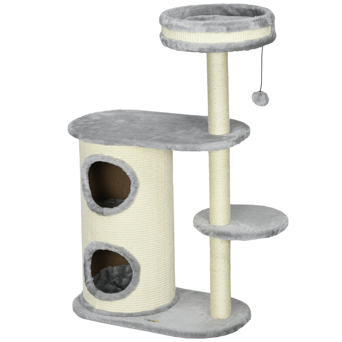 Cat Scratching Post with 2 Cat Caves, Sisal Rope Posts, Multiple Platforms, Soft Plush, Ball Toy, Grey, 59 x 35 x 100 cm