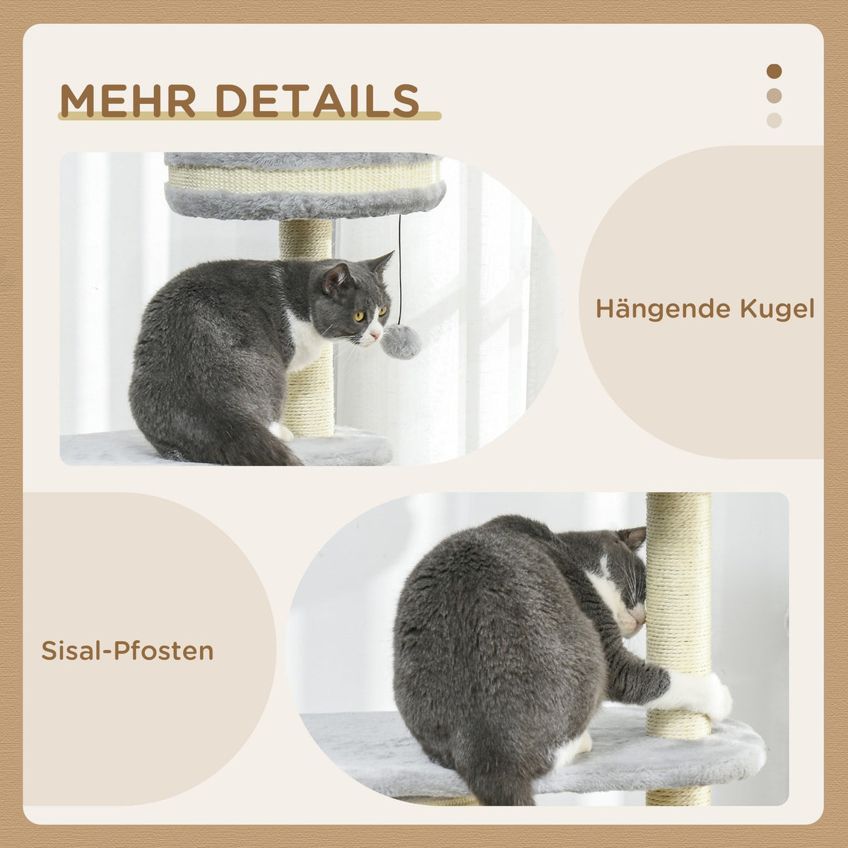 Cat Scratching Post with 2 Cat Caves, Sisal Rope Posts, Multiple Platforms, Soft Plush, Ball Toy, Grey, 59 x 35 x 100 cm