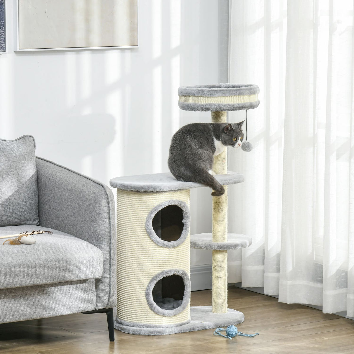 Cat Scratching Post with 2 Cat Caves, Sisal Rope Posts, Multiple Platforms, Soft Plush, Ball Toy, Grey, 59 x 35 x 100 cm