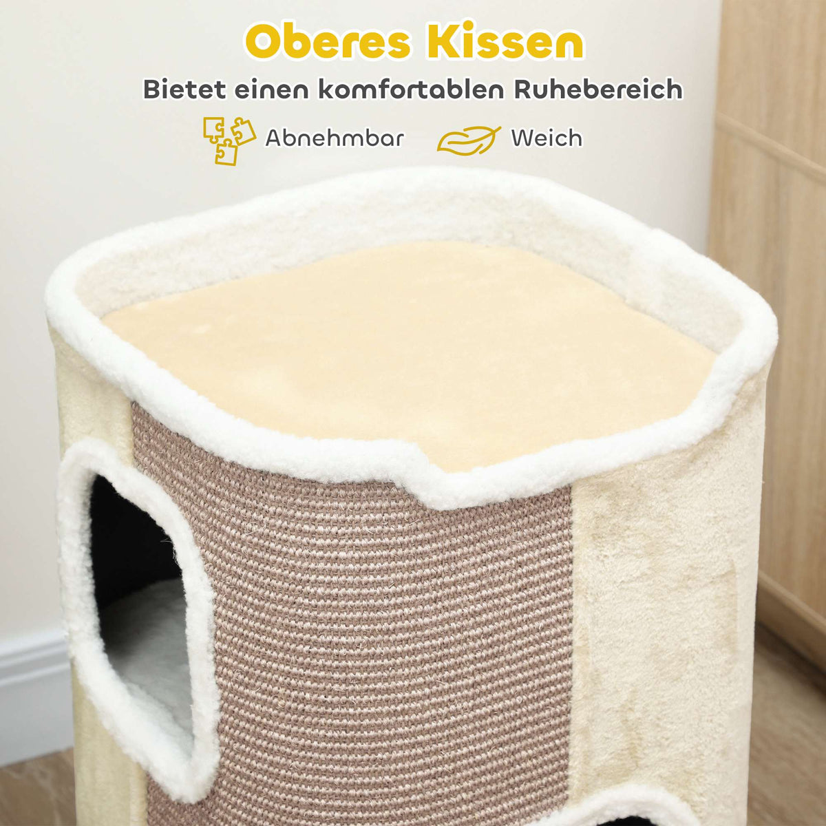 Cat Scratching Tree, 3 Levels, Soft Plush, Beige