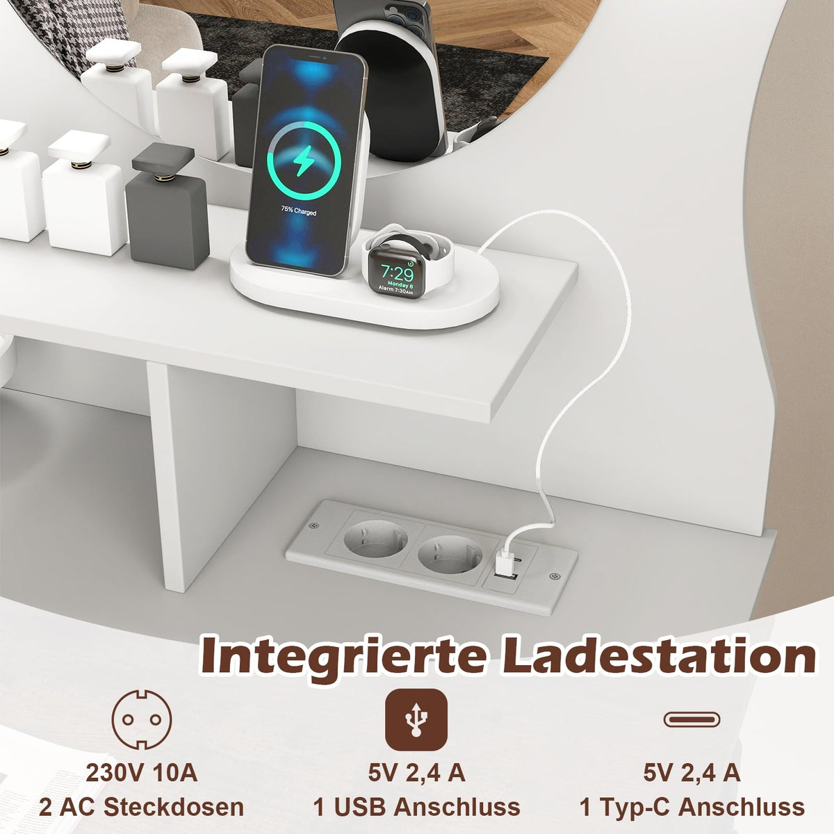 Cat-Shaped Vanity Table with Mirror, LED Lights, Drawers
