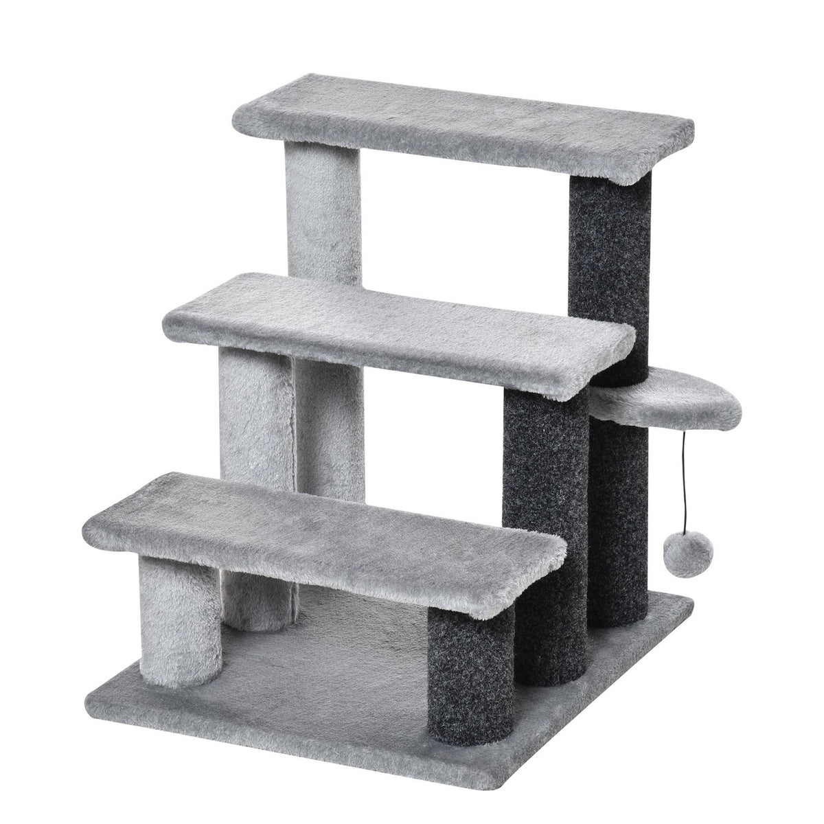 Cat Stairs, Pet Stairs, Dog Stairs, Stairs for Cats and Dogs, 3 Steps, with Play Ball, Plush, Gray, 45x40x48cm