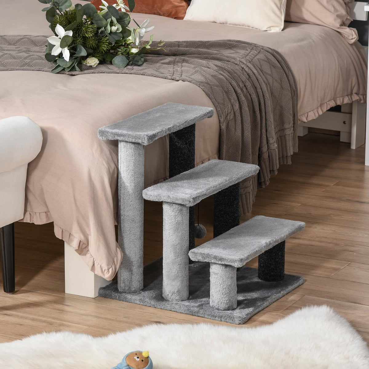 Cat Stairs, Pet Stairs, Dog Stairs, Stairs for Cats and Dogs, 3 Steps, with Play Ball, Plush, Gray, 45x40x48cm