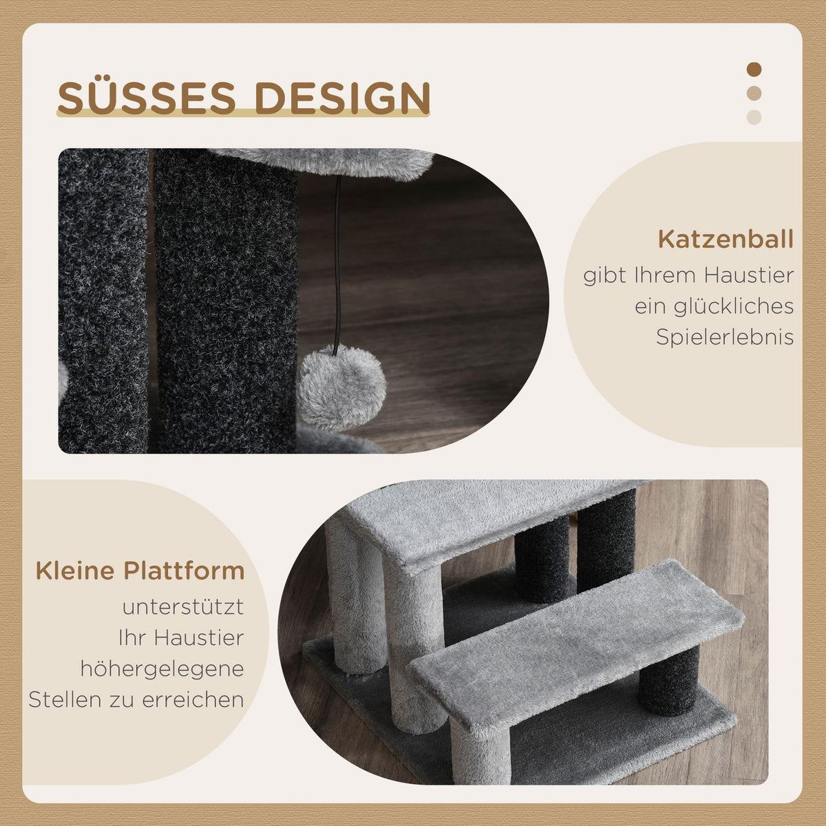 Cat Stairs, Pet Stairs, Dog Stairs, Stairs for Cats and Dogs, 3 Steps, with Play Ball, Plush, Gray, 45x40x48cm
