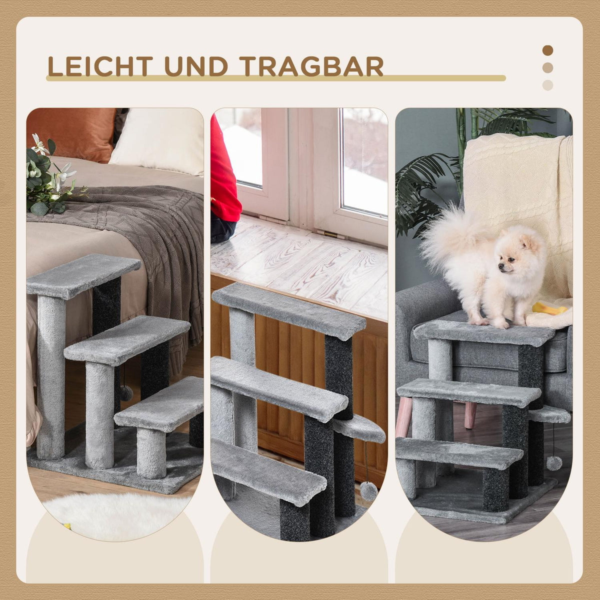Cat Stairs, Pet Stairs, Dog Stairs, Stairs for Cats and Dogs, 3 Steps, with Play Ball, Plush, Gray, 45x40x48cm