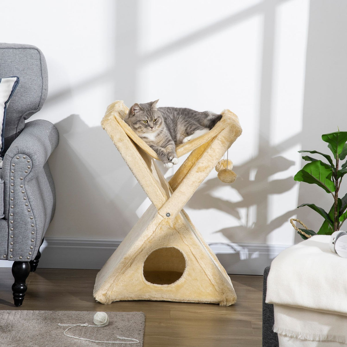 Cat Tower Beige Scratching Post With Cave And Hammock, Sisal & Plush, 54.5X32X65Cm