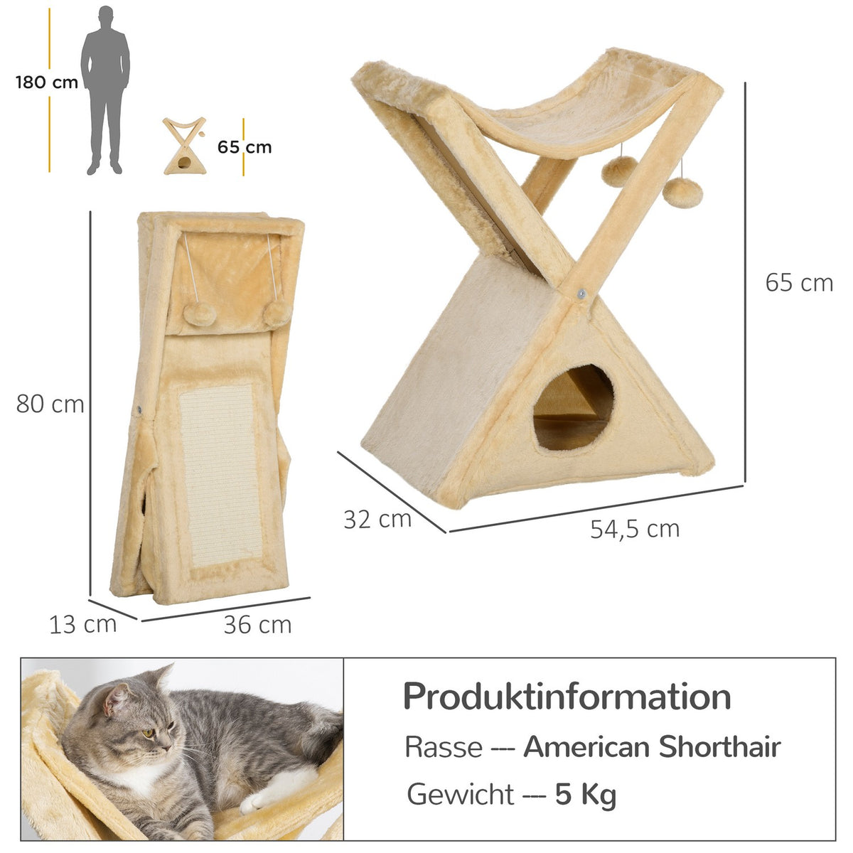 Cat Tower Beige Scratching Post With Cave And Hammock, Sisal & Plush, 54.5X32X65Cm