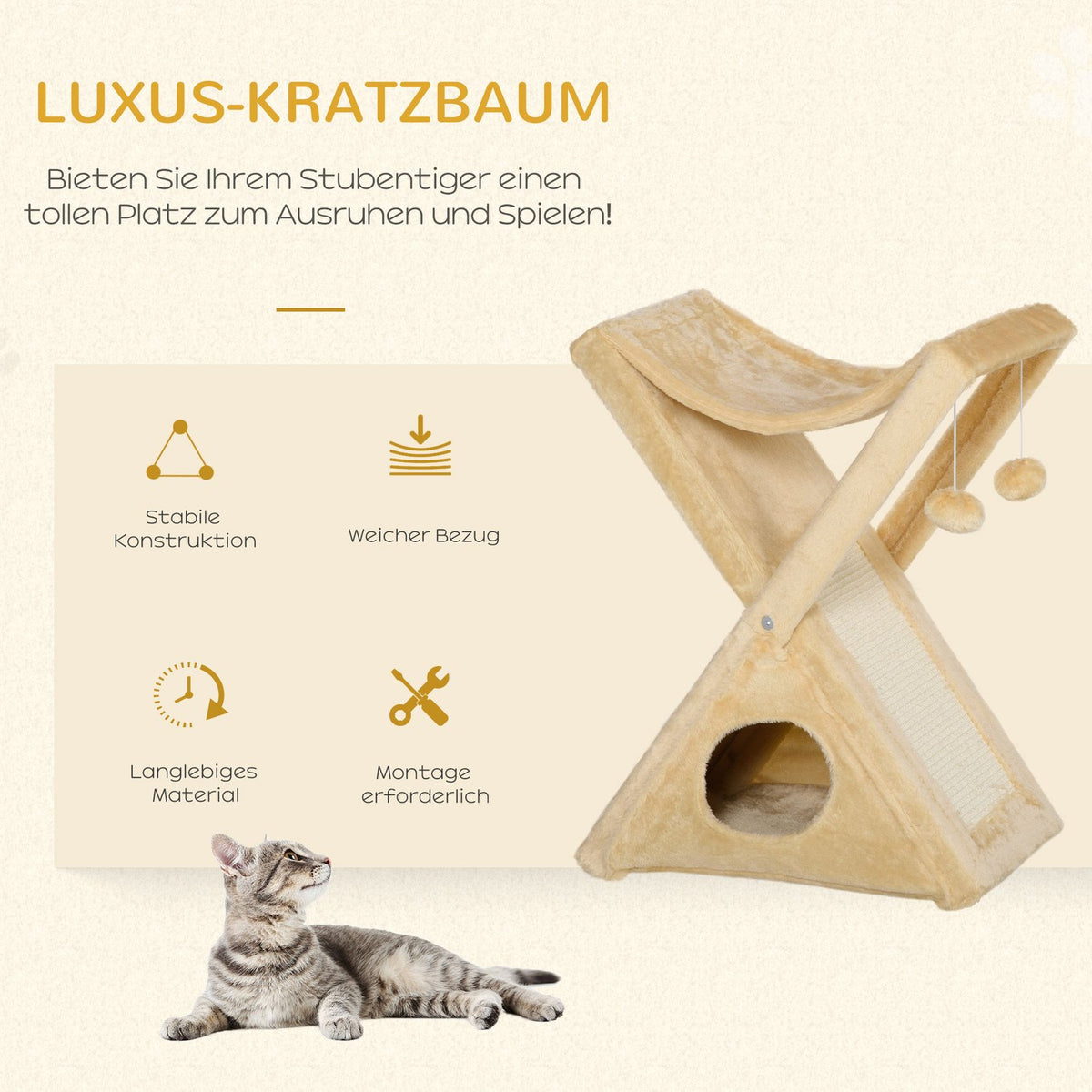 Cat Tower Beige Scratching Post With Cave And Hammock, Sisal & Plush, 54.5X32X65Cm