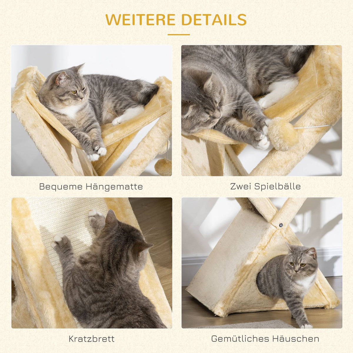 Cat Tower Beige Scratching Post With Cave And Hammock, Sisal & Plush, 54.5X32X65Cm