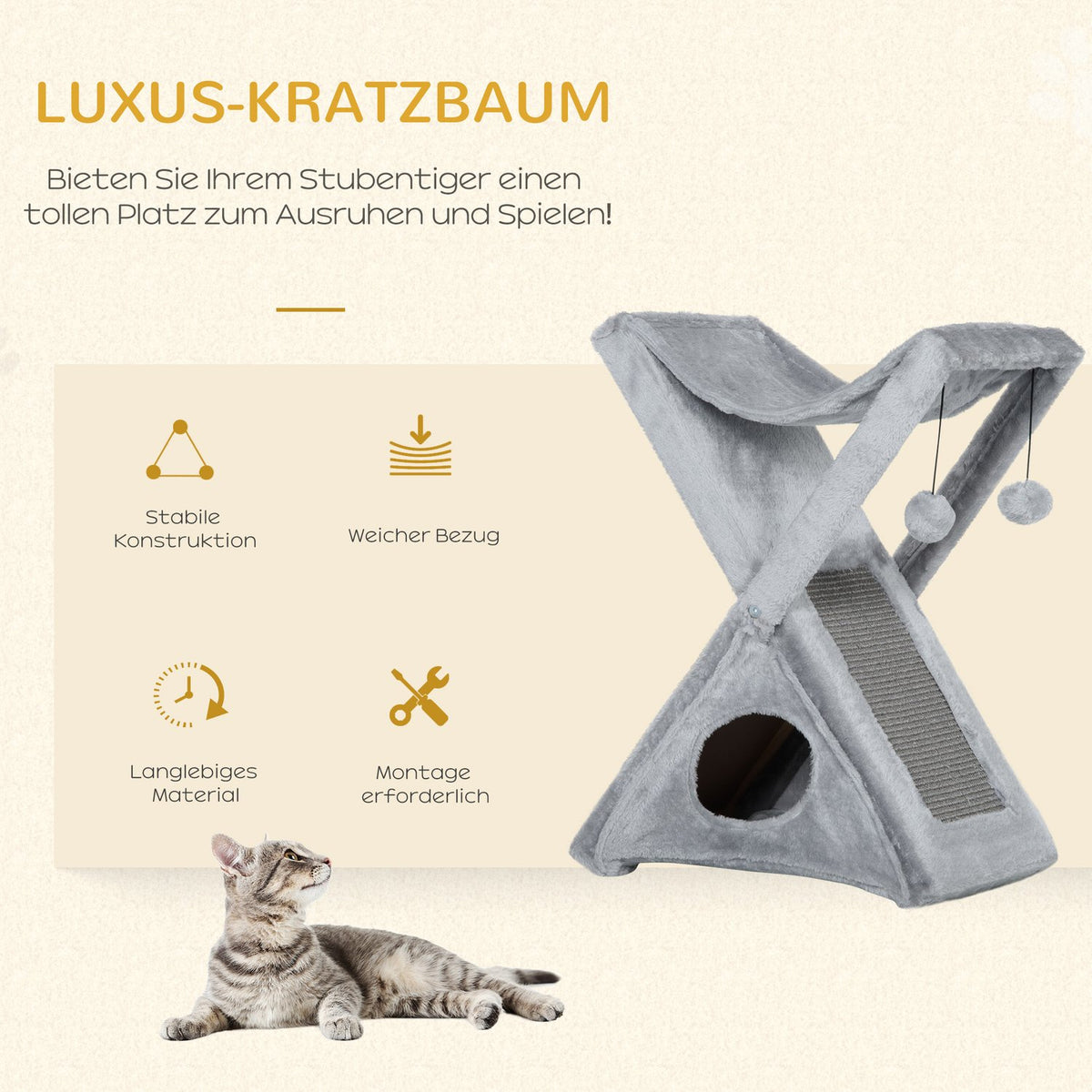 Cat Tower Gray Scratching Post With Cave And Hammock, Sisal & Plush, 54.5X32X65Cm