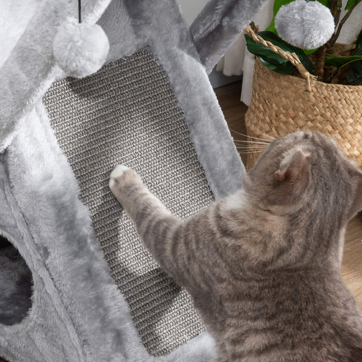 Cat Tower Gray Scratching Post With Cave And Hammock, Sisal & Plush, 54.5X32X65Cm