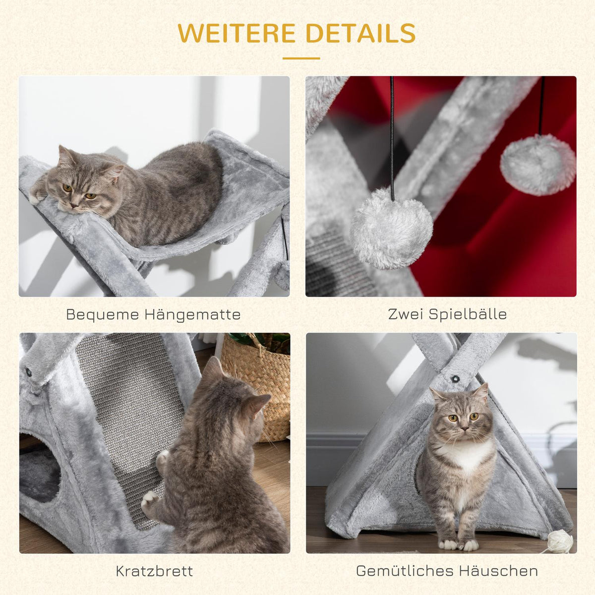Cat Tower Gray Scratching Post With Cave And Hammock, Sisal & Plush, 54.5X32X65Cm