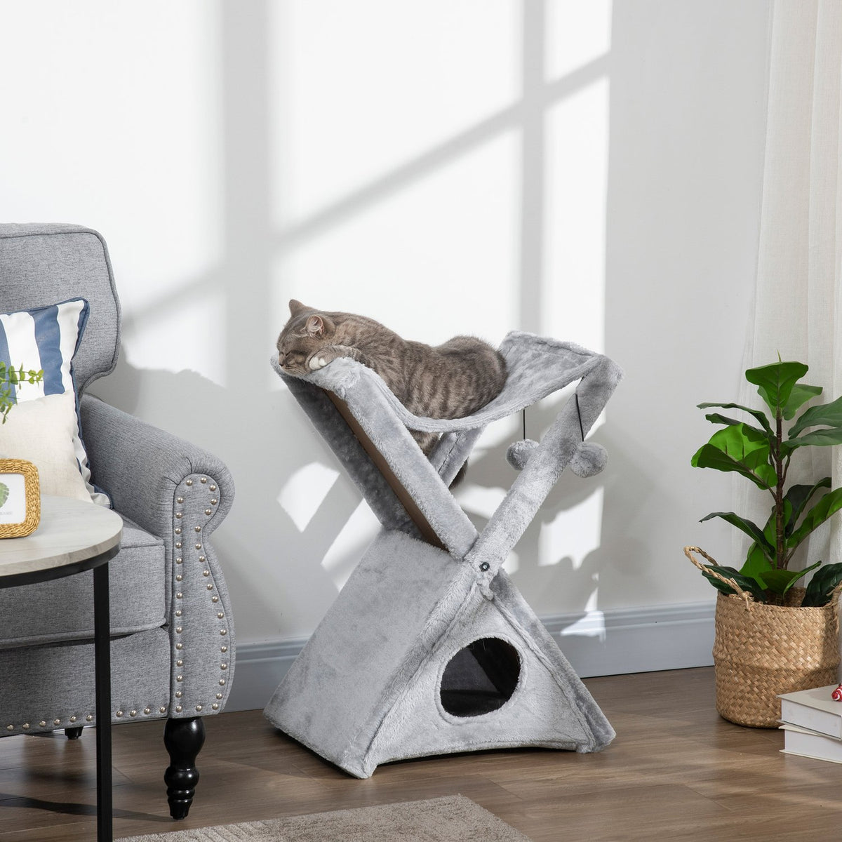 Cat Tower Gray Scratching Post With Cave And Hammock, Sisal & Plush, 54.5X32X65Cm