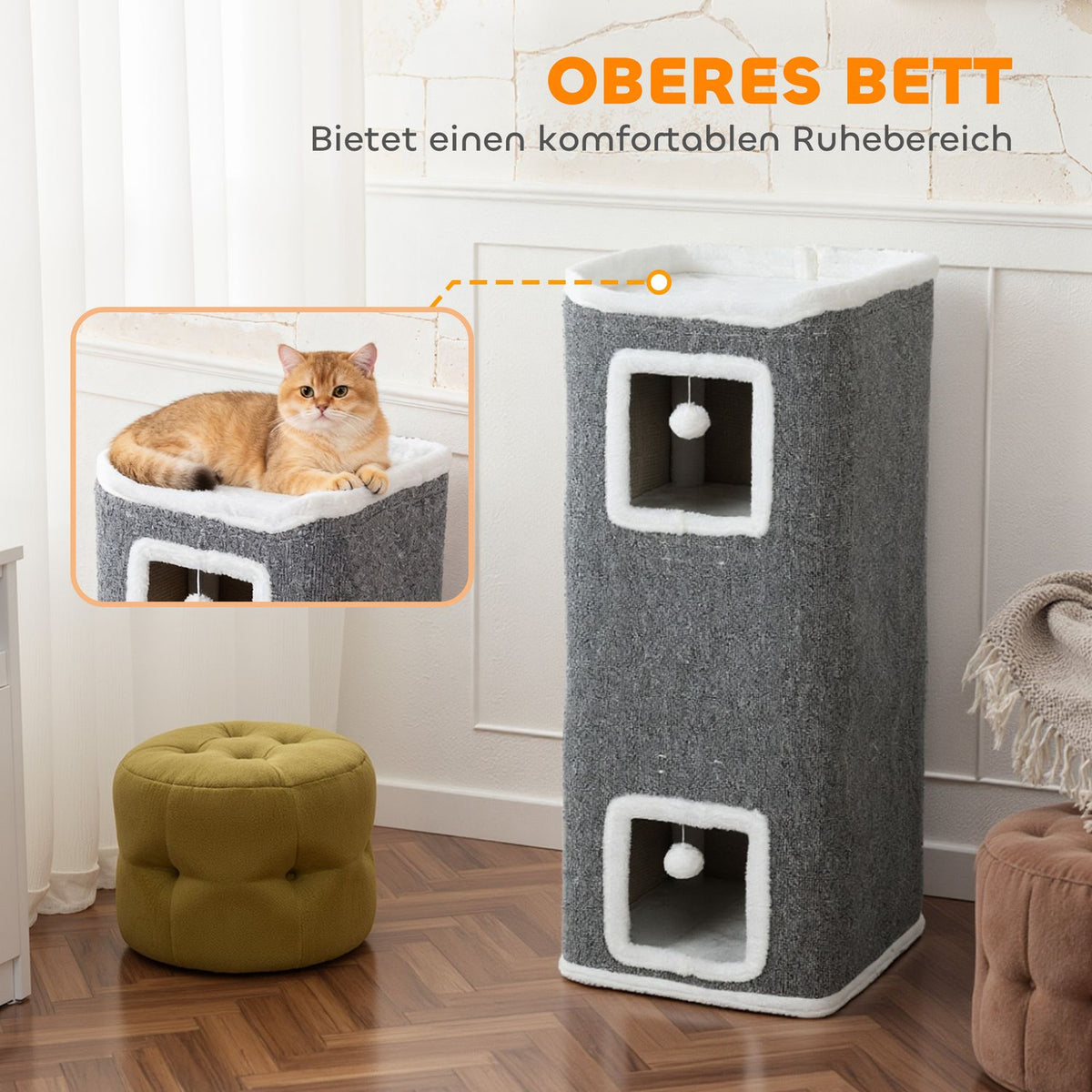 Cat Tower with 3 Caves, Gray, Chipboard, Play Balls