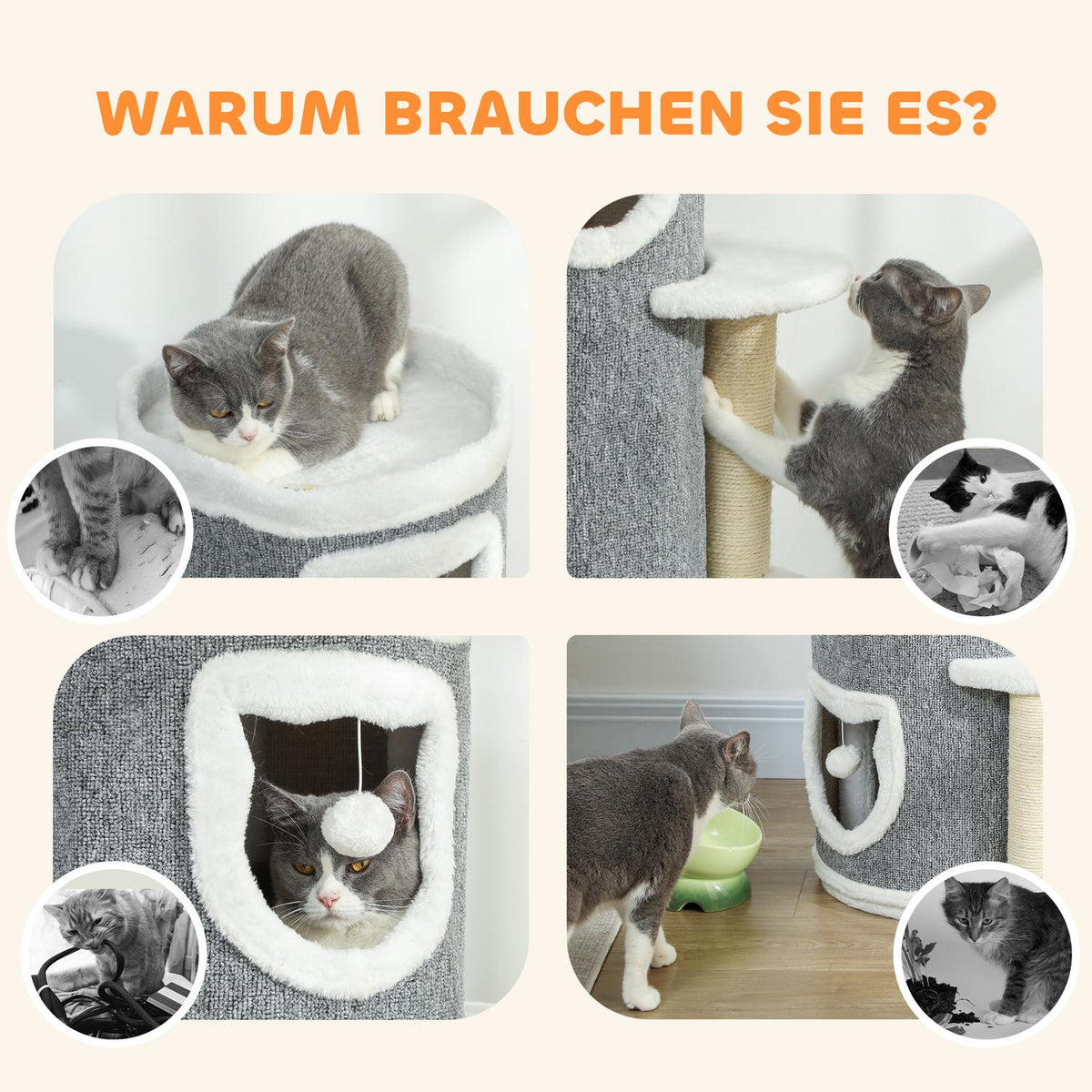 Cat Tower with 3 Levels, Sisal Posts, Gray, 101 cm