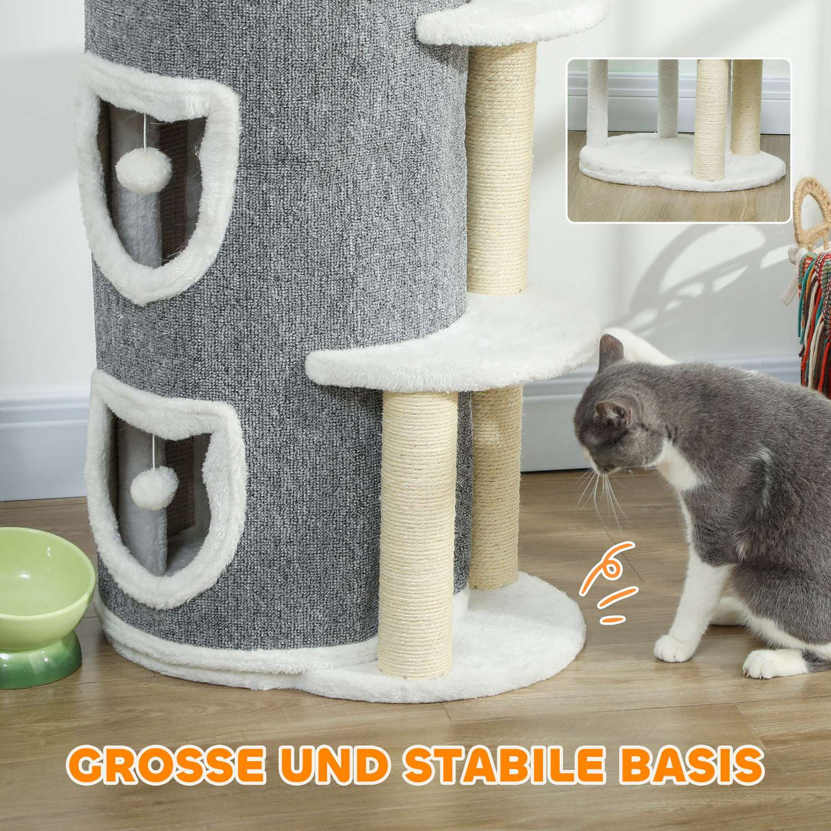 Cat Tower with 3 Levels, Sisal Posts, Gray, 101 cm