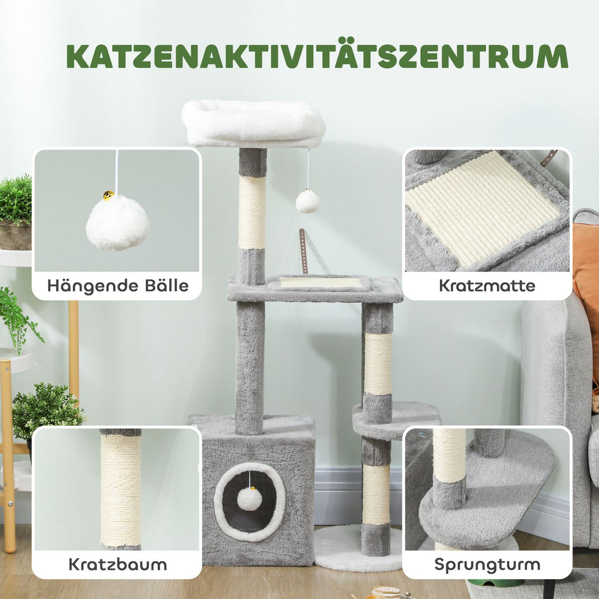 Cat Tower with Cave, Sisal Posts, Plush Balls, 107 cm, Gray