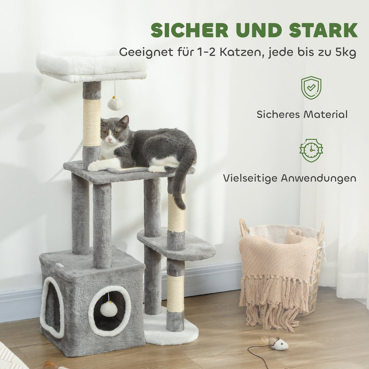 Cat Tower with Cave, Sisal Posts, Plush Balls, 107 cm, Gray
