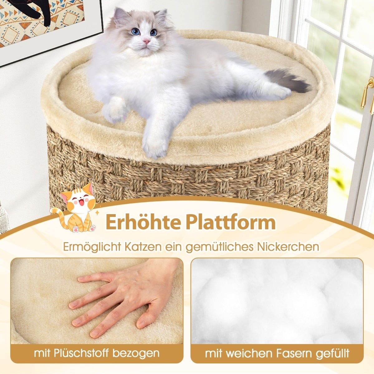 Cat Tower with Sisal, Seagrass, 3 Hideouts, Ø 36 cm