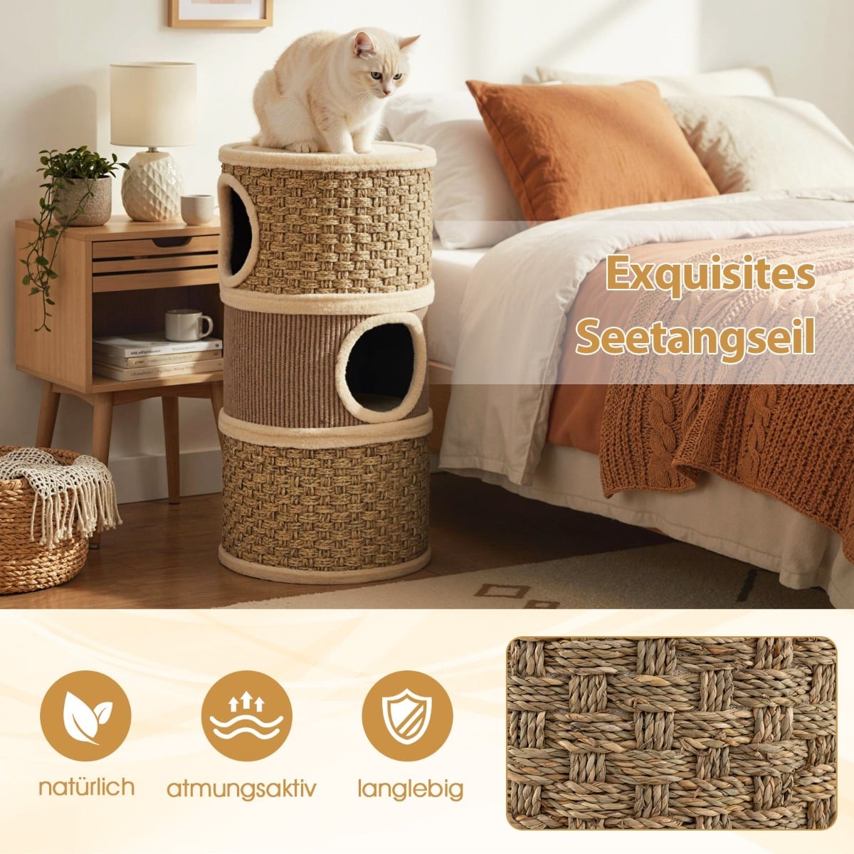 Cat Tower with Sisal, Seagrass, 3 Hideouts, Ø 36 cm