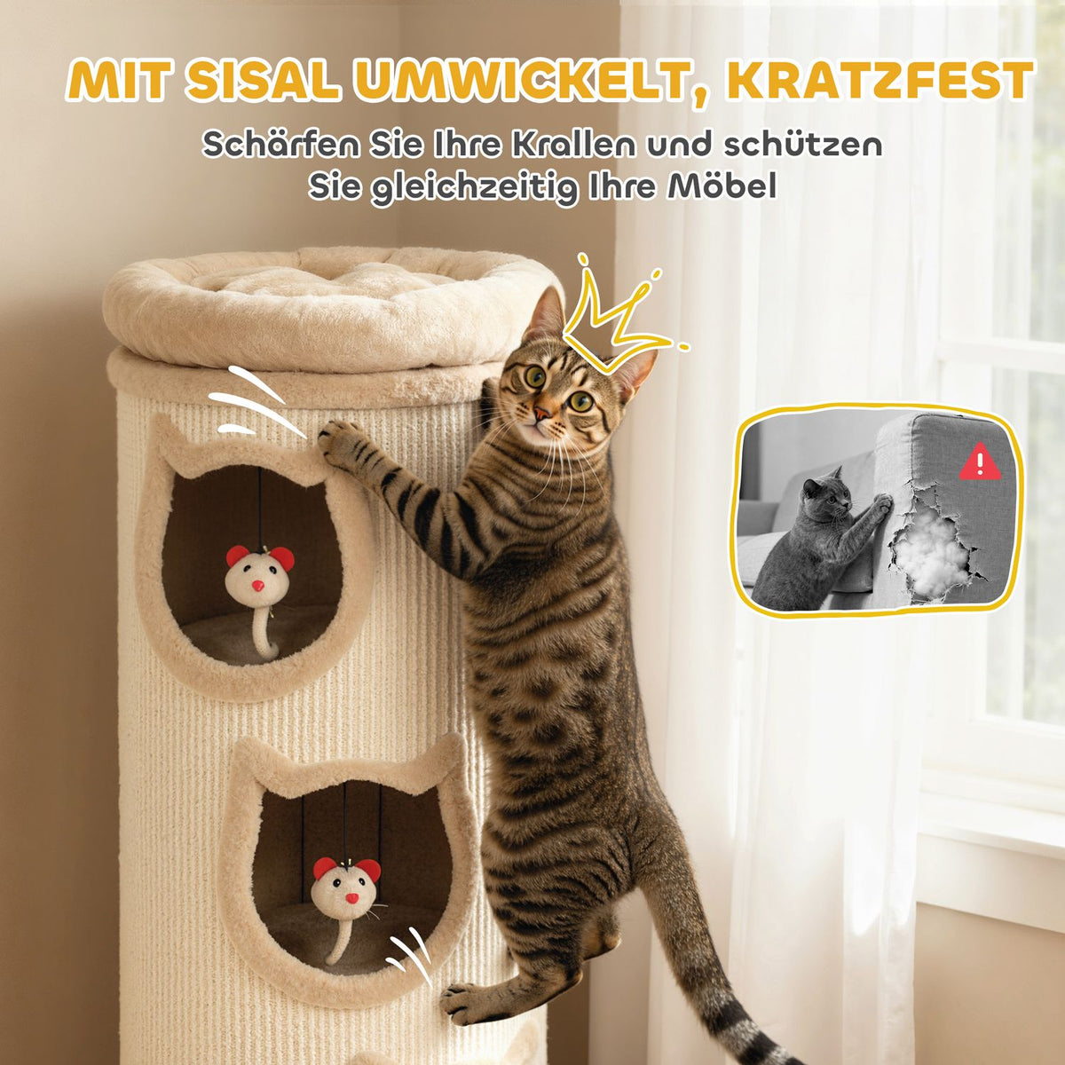 Cat Tower with Washable Bed, 96 cm, 3 Hideouts, Grey